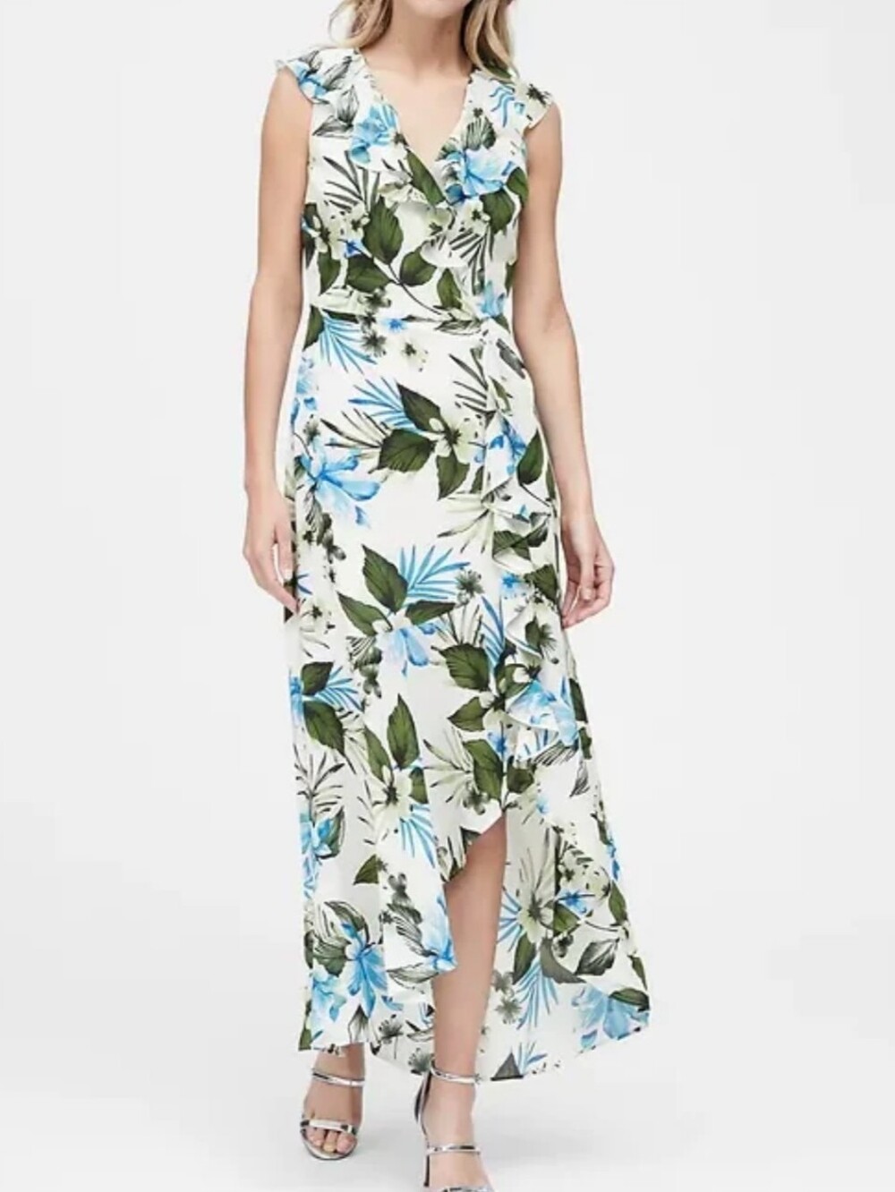 Banana Republic Maxi Dress Tropical Print Blue Green Flouncy Resort Vacation 12T